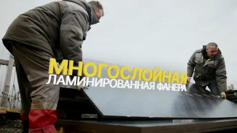 Сотрудники укладывают ламинированную фанеру для щитов